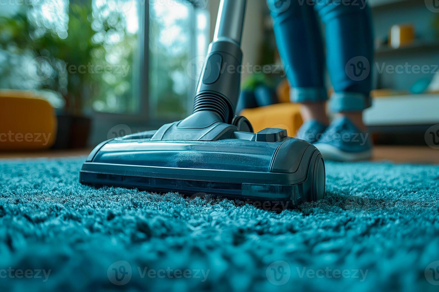Vacuuming a vibrant blue carpet in a cozy indoor space during daylight hours photo