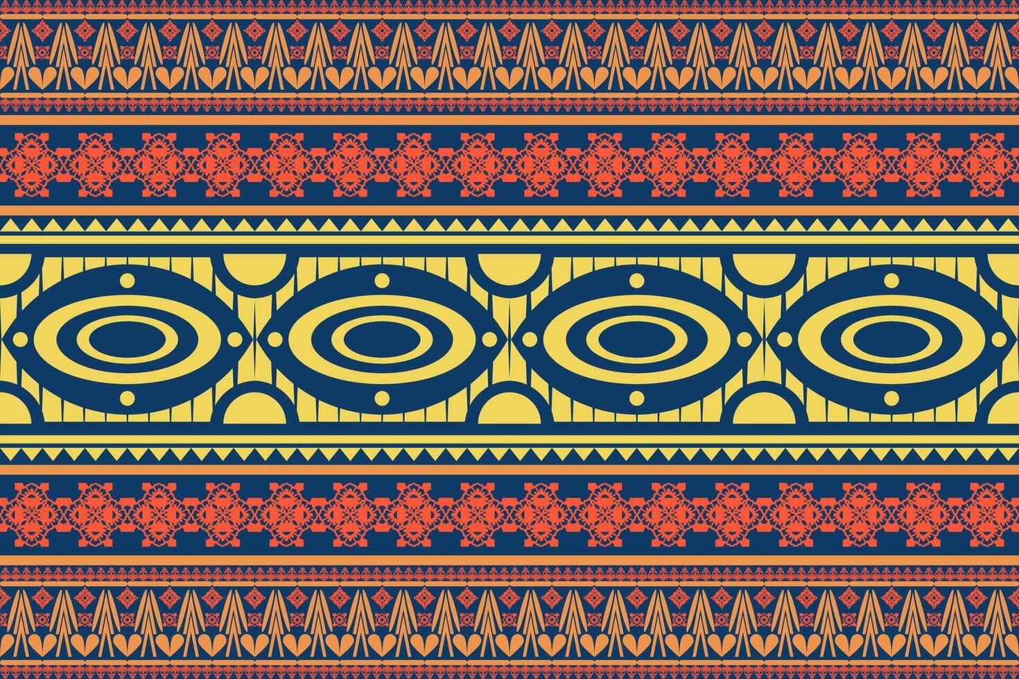 Tribal patterns with repeated horizontal motifs, orange and blue stripes, geometric circles, triangles, floral patterns, textile designs, wallpapers, backgrounds, various graphic product designs. vector