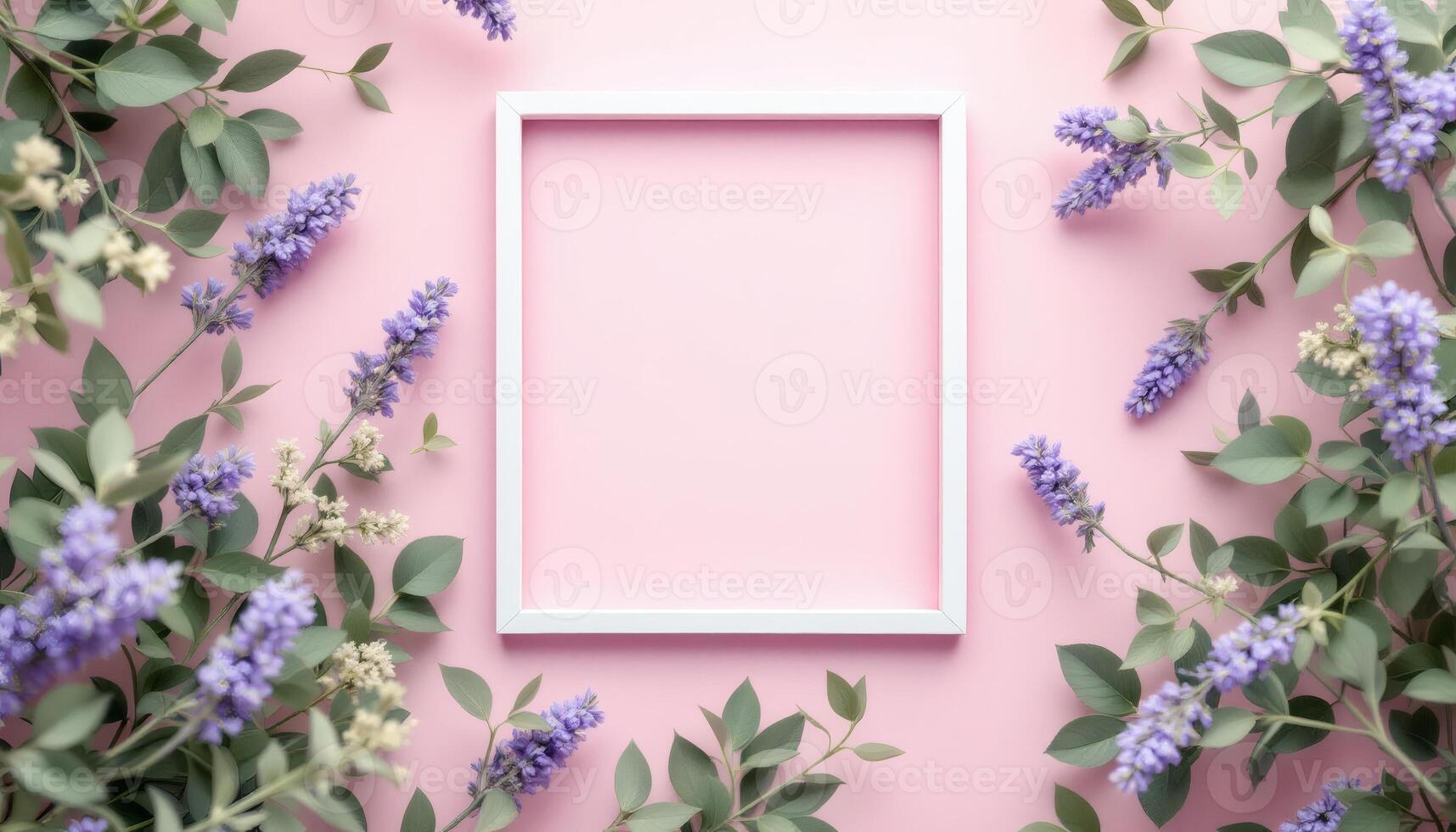 Floral Frame Mockup with Lavender and Greenery on Soft Pink Background photo