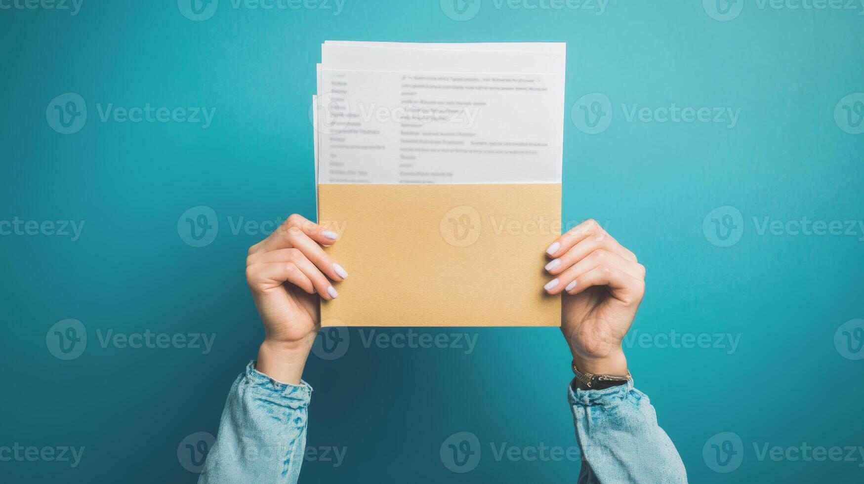 Woman holding documents in a brown envelope on a turquoise background photo