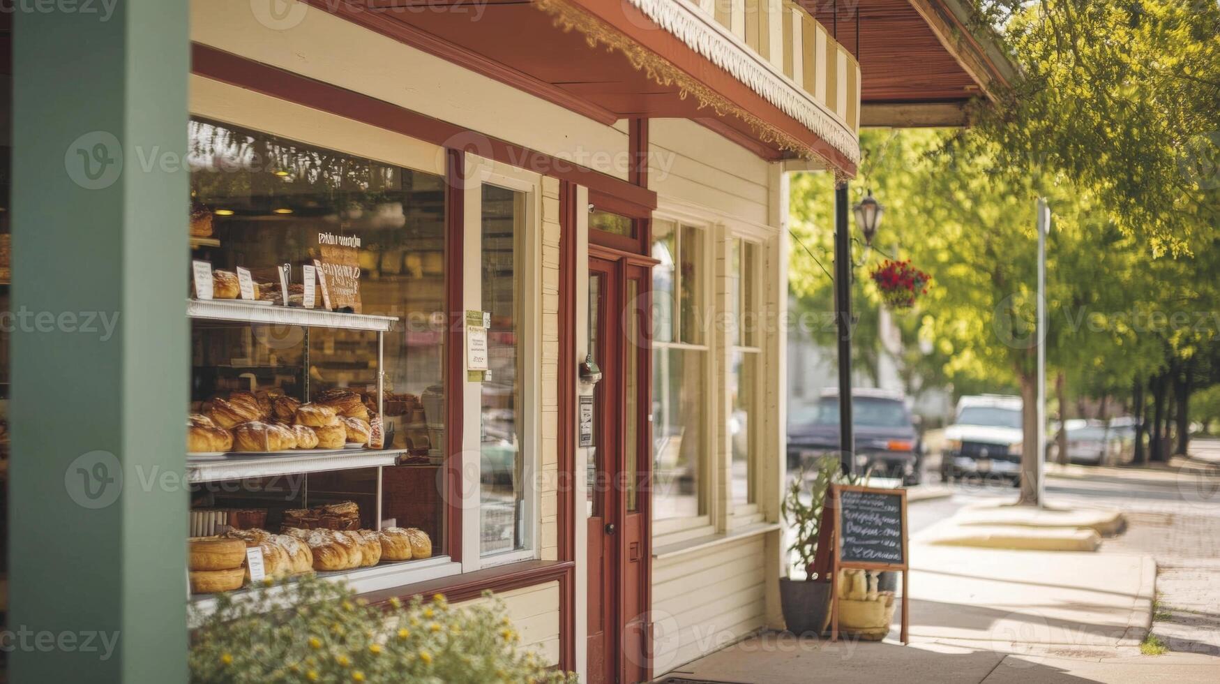 Charming bakery displaying freshly baked goods in a small town photo
