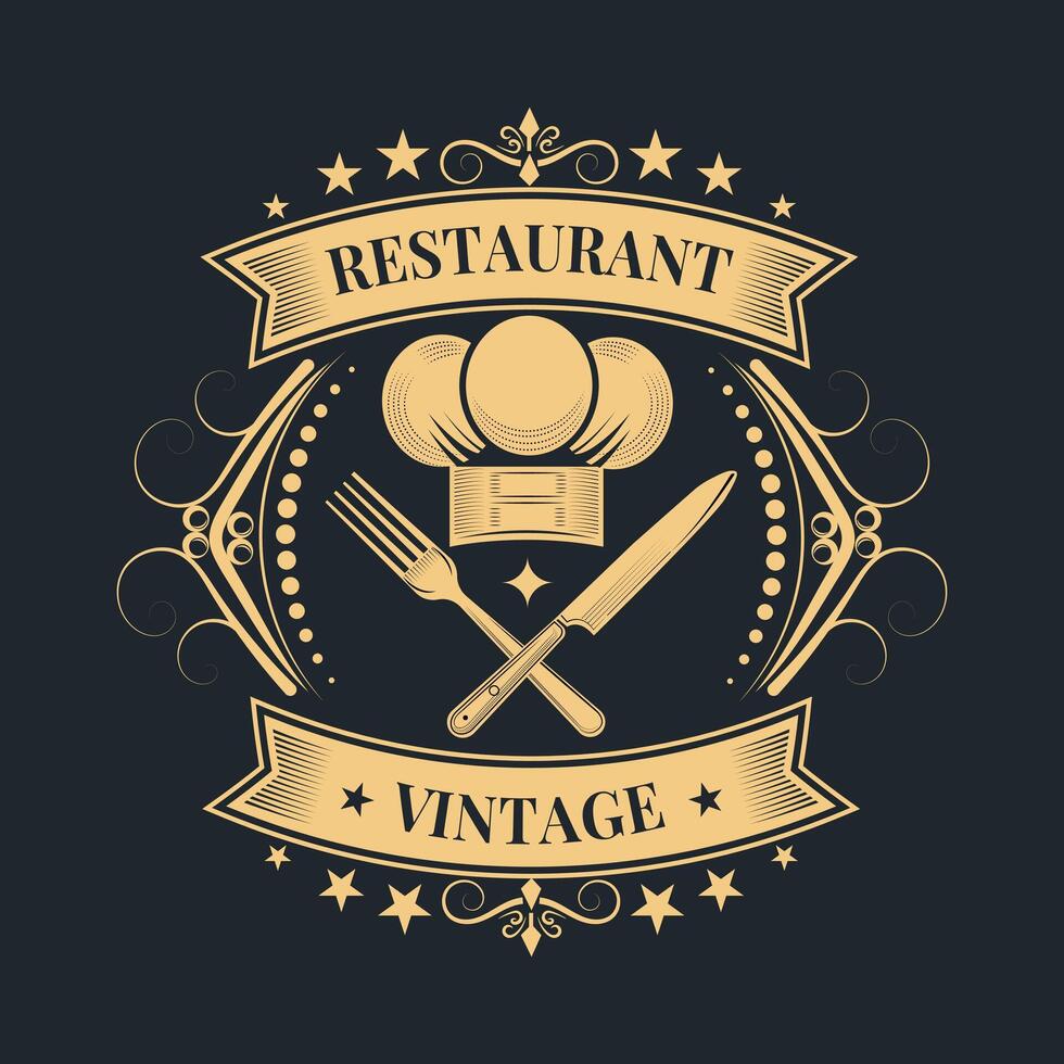 Luxury Vintage Culinary Logo with Decorative Elements and Star Accents for Exclusive Restaurant Identity vector