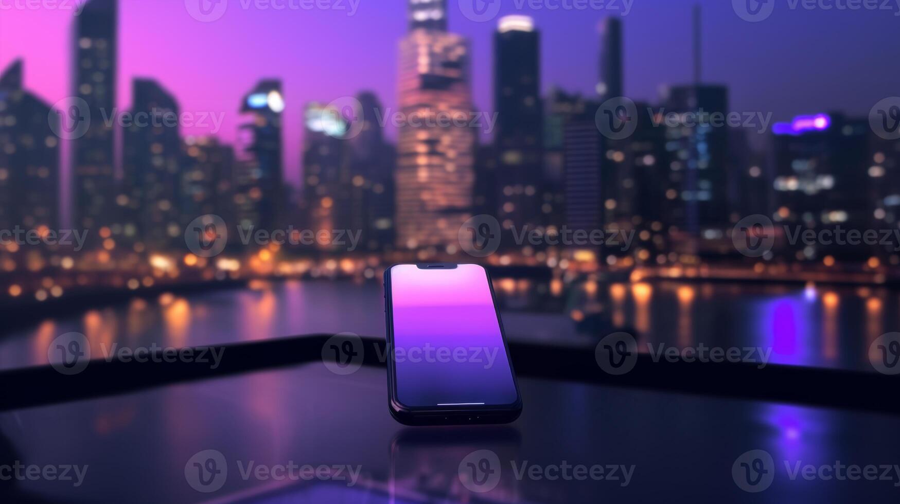 Smartphone showing gradient colors overlooking illuminated city at night photo