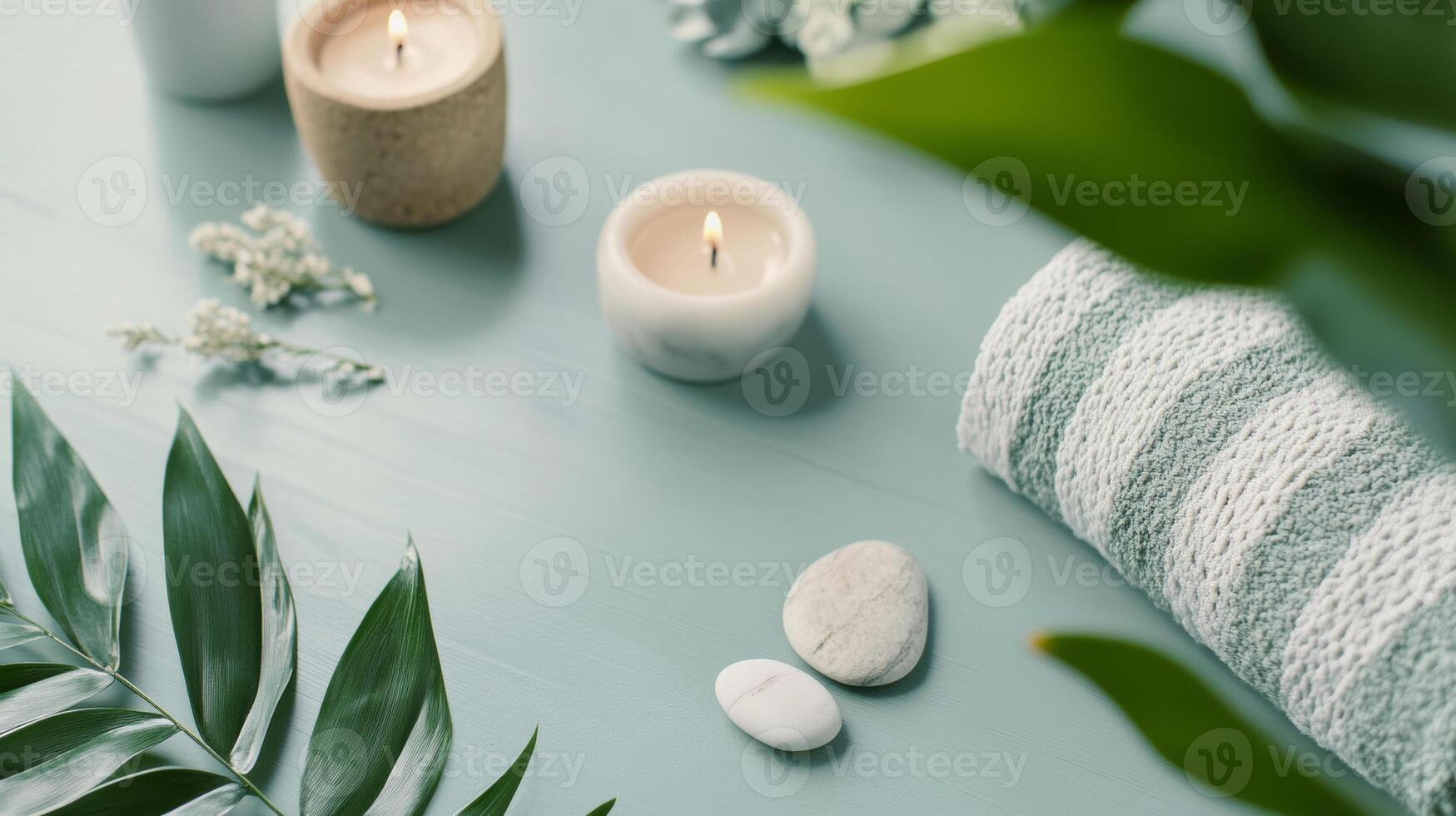 Burning candles and towel creating relaxing spa ambiance on light blue table photo