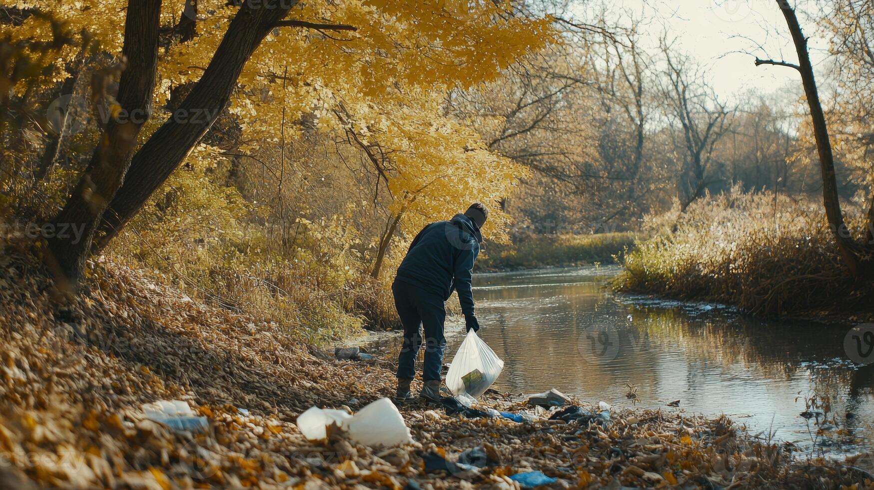 Volunteer picking up trash in forest near river during autumn photo