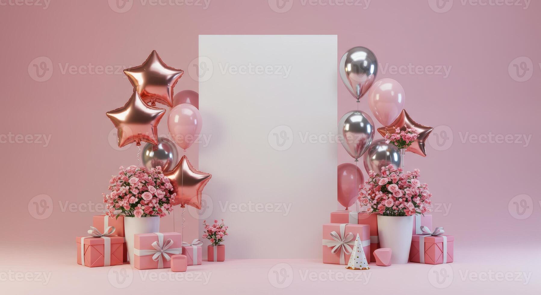 Celebration Scene with Balloons, Gifts and Flowers on Pink Background photo
