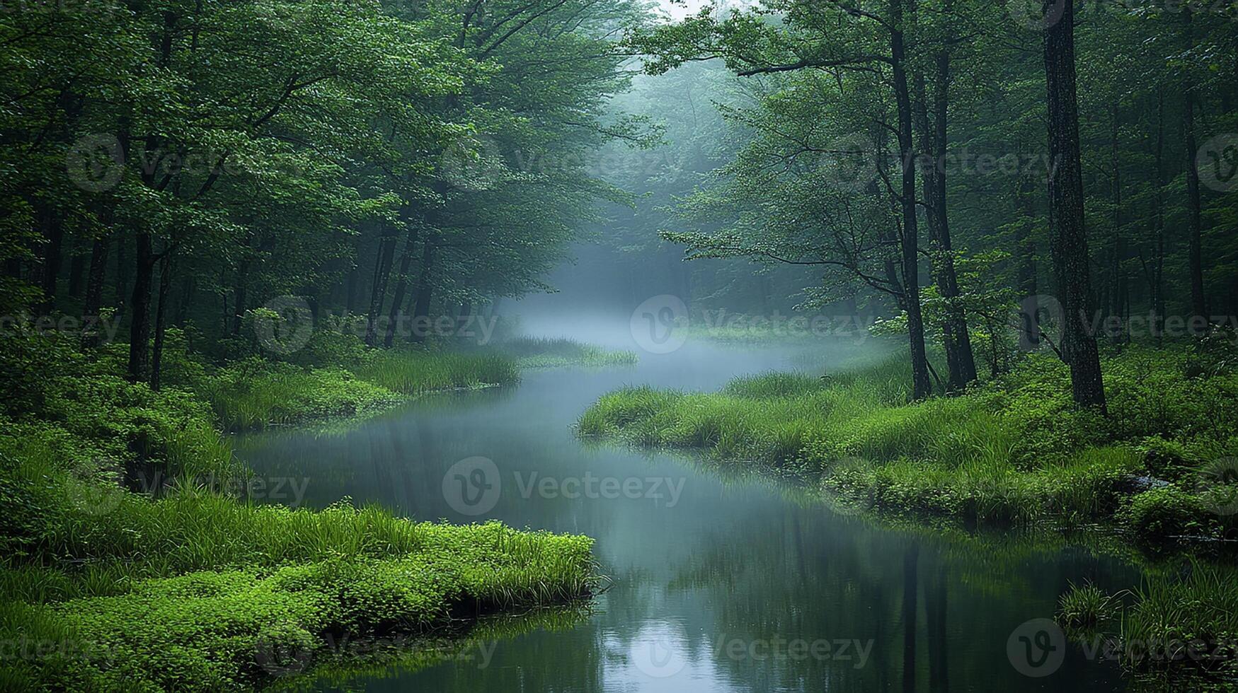 A river runs through a green forest with trees photo