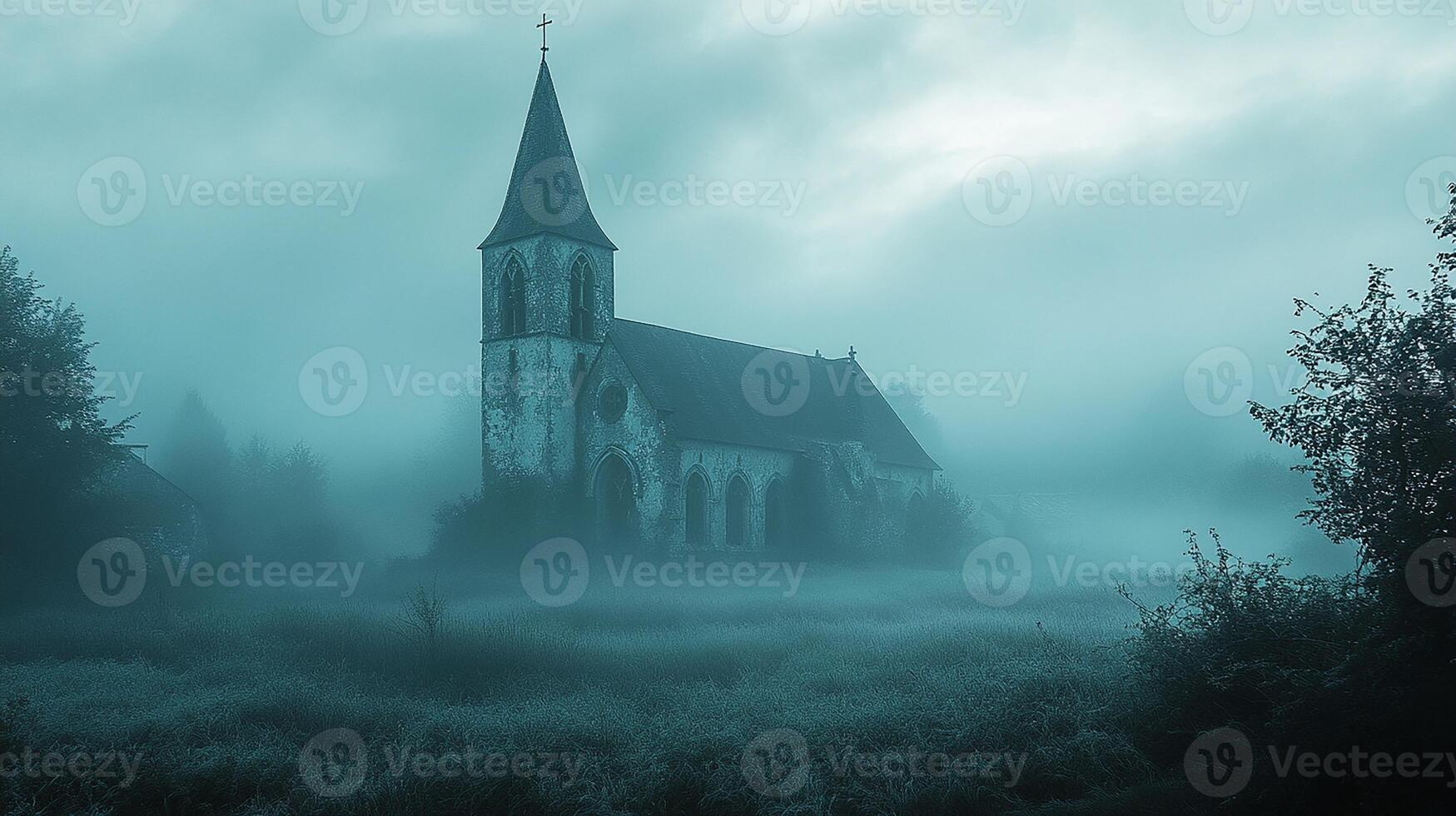 A church in the fog with trees and grass photo