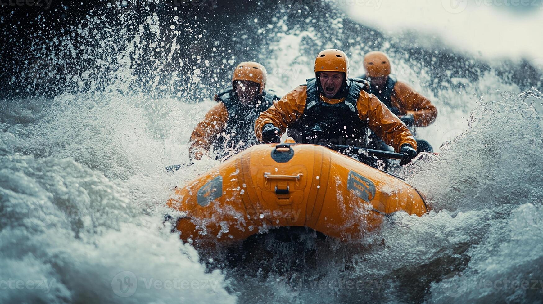 Three people in an orange raft riding through a river photo