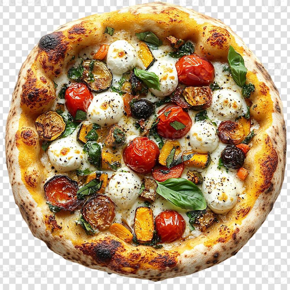 A pizza with vegetables and cheese on top photo