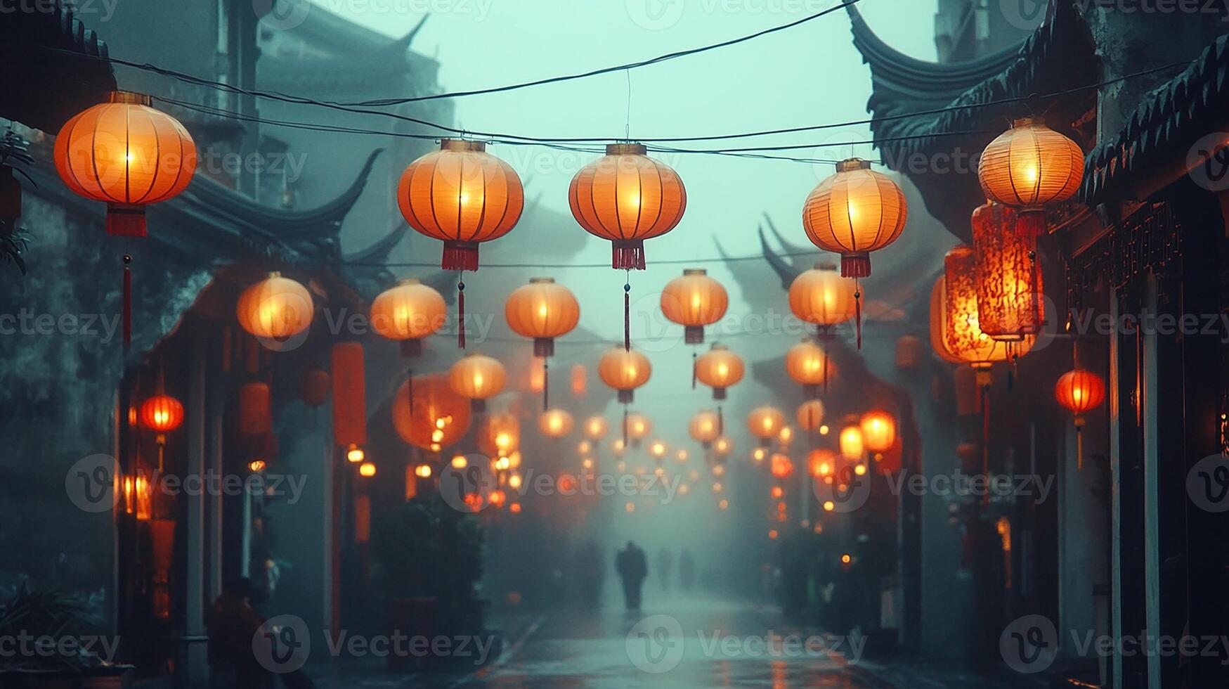 Lanterns hanging from the street in an oriental city photo