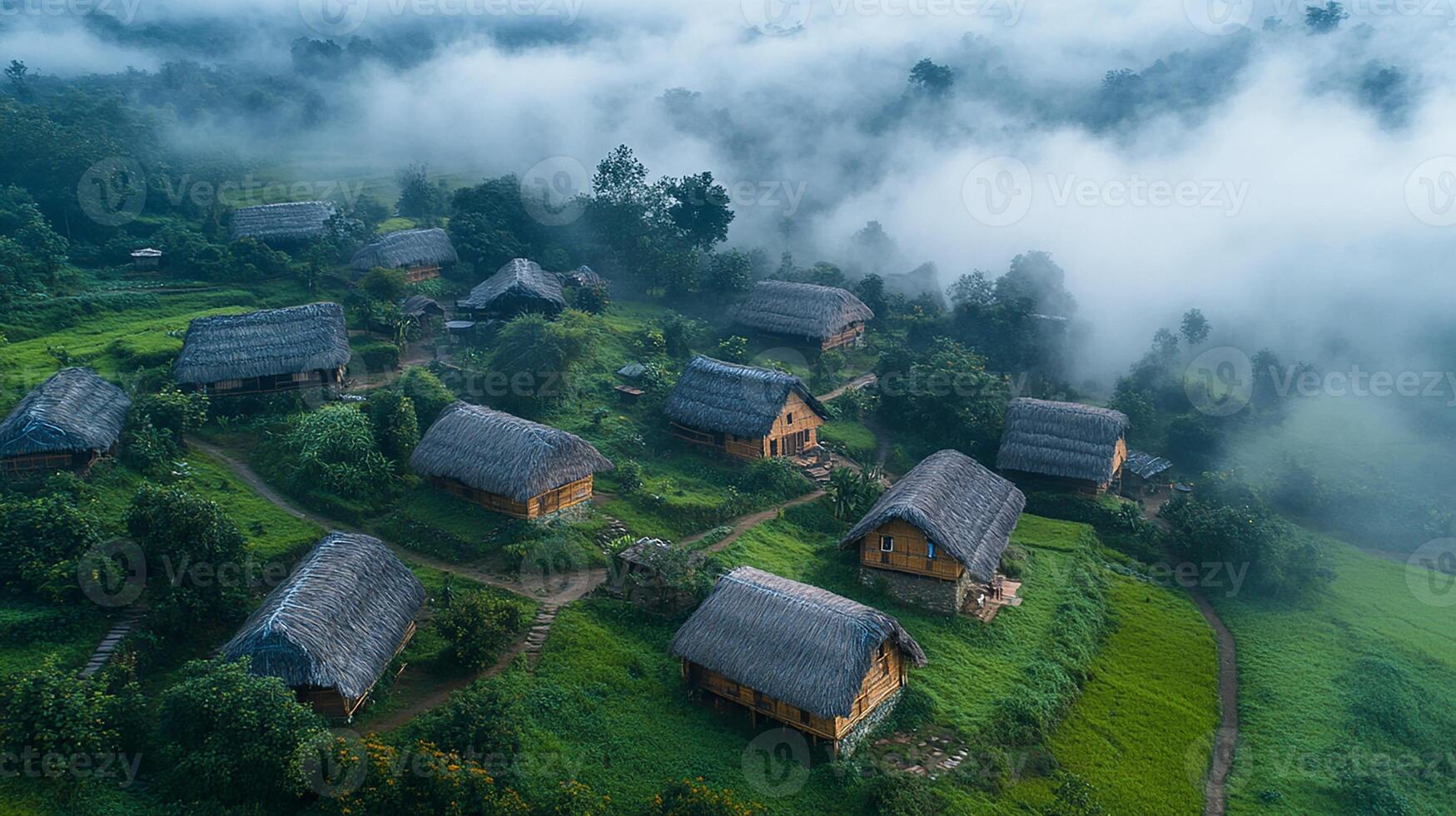 Aerial view of village in the fog photo