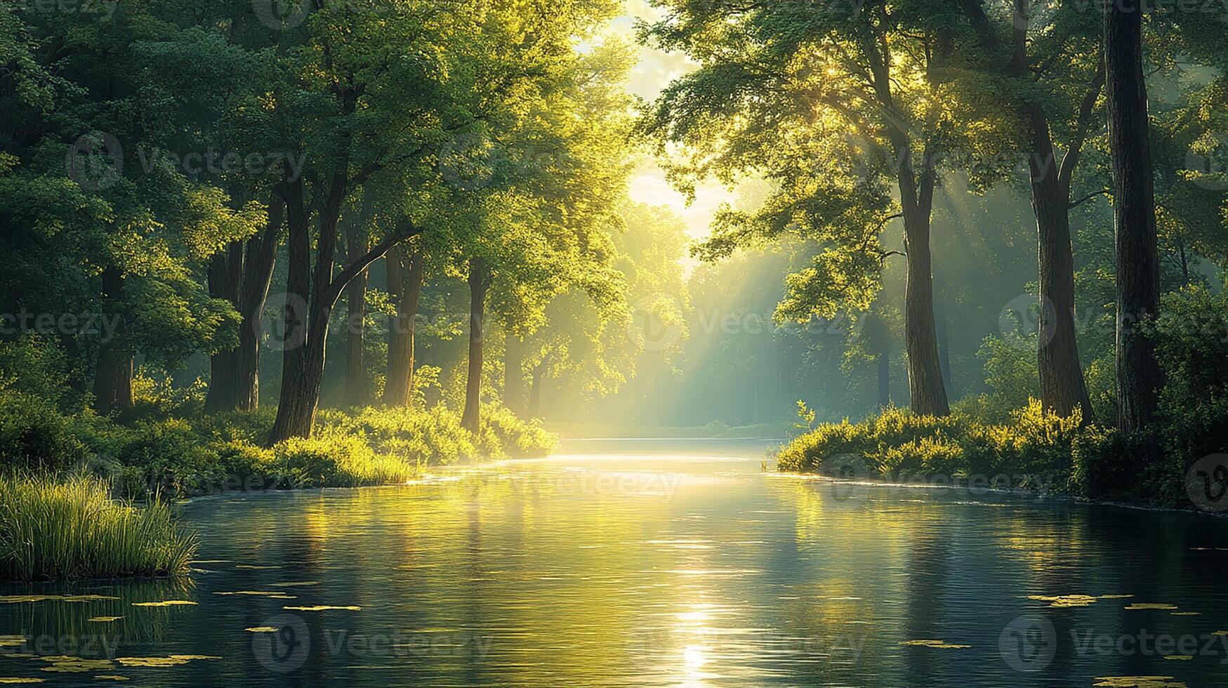 A river runs through a forest with trees and grass photo