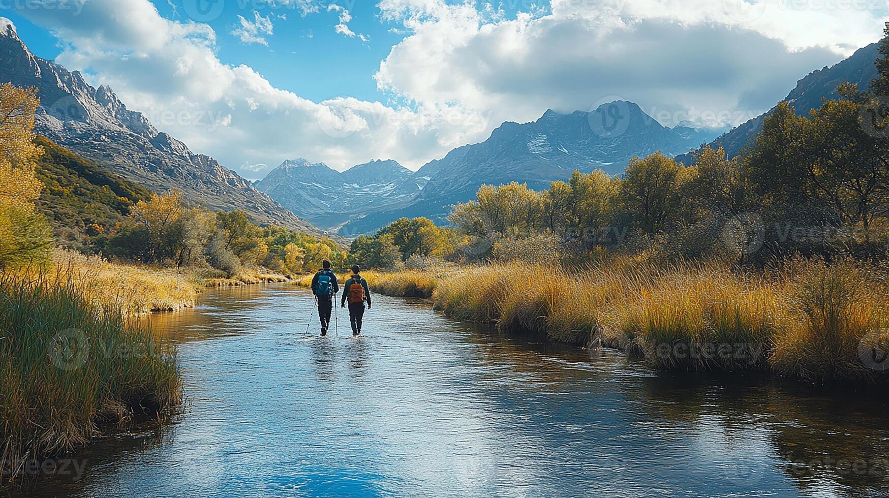 A couple of people walking across a river photo