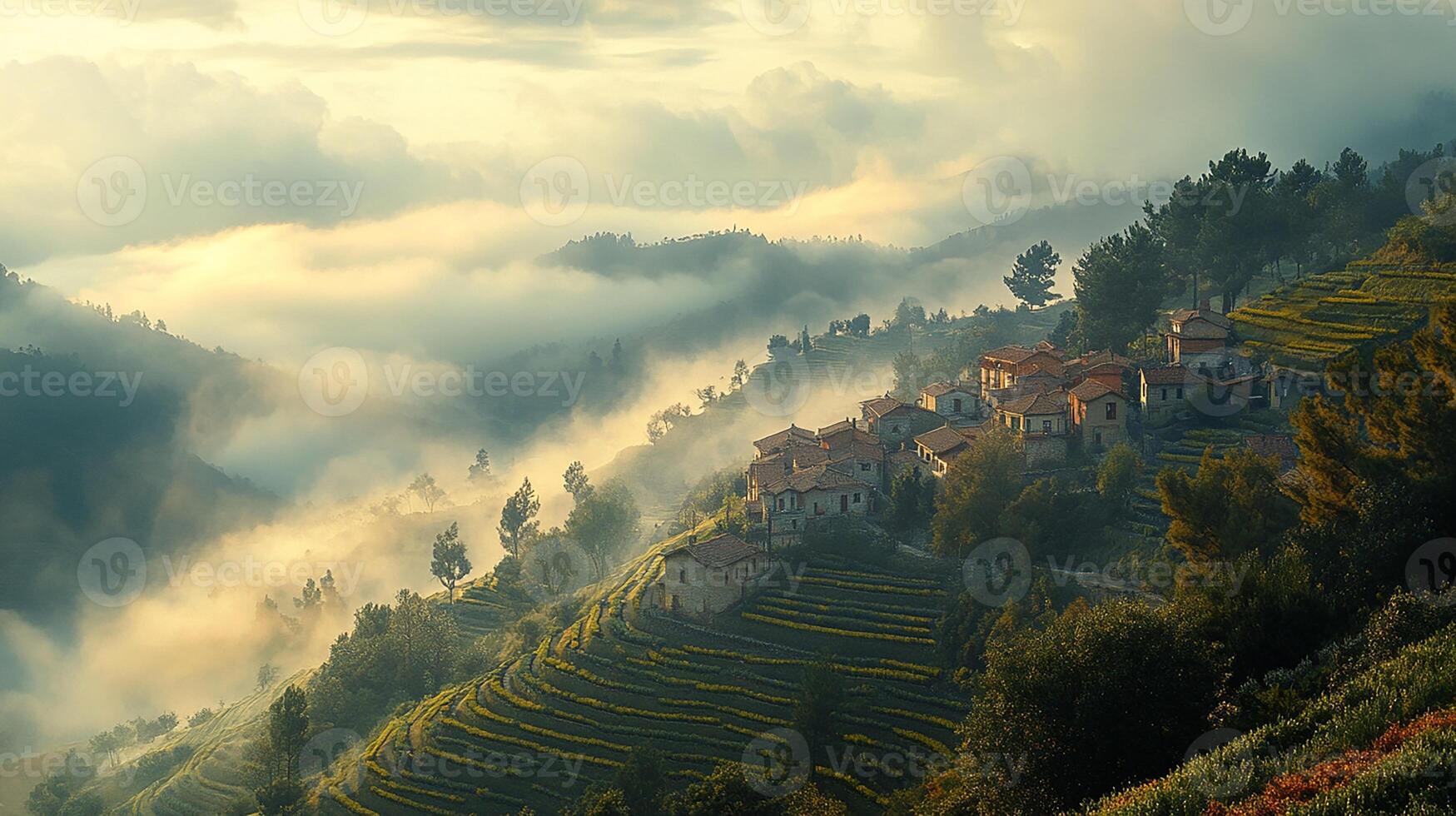 A village in the mountains with a foggy sky photo