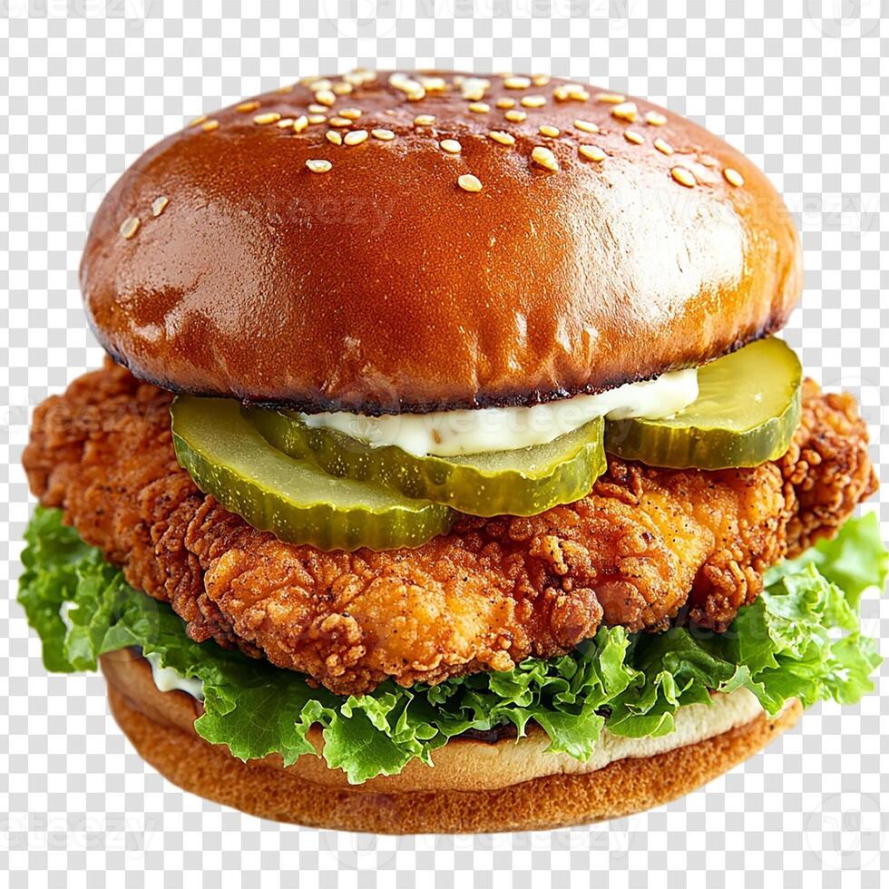 A fried chicken sandwich with lettuce and pickles photo
