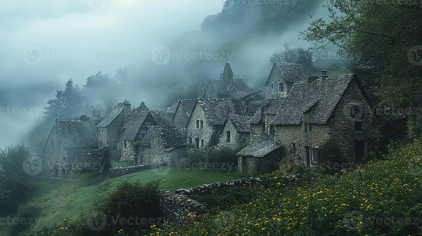 A foggy mountain side with a few houses photo