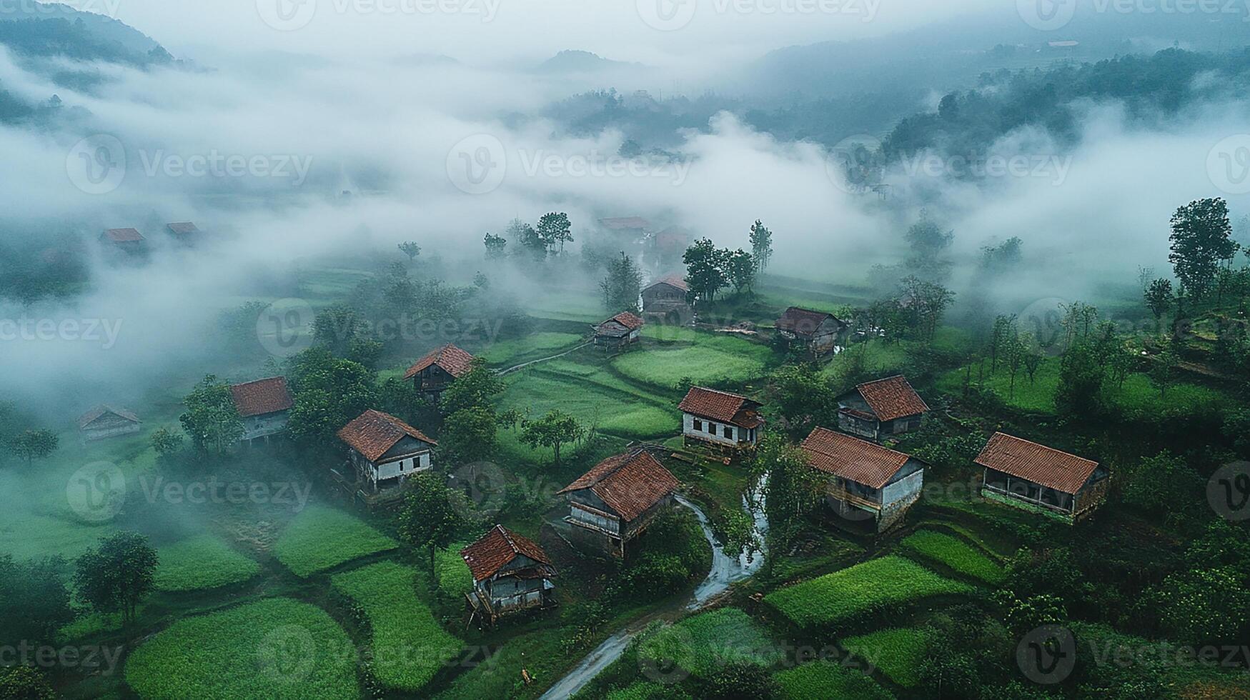 A view of a village in the fog photo