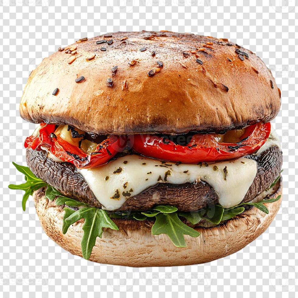 A burger with cheese and peppers on it photo