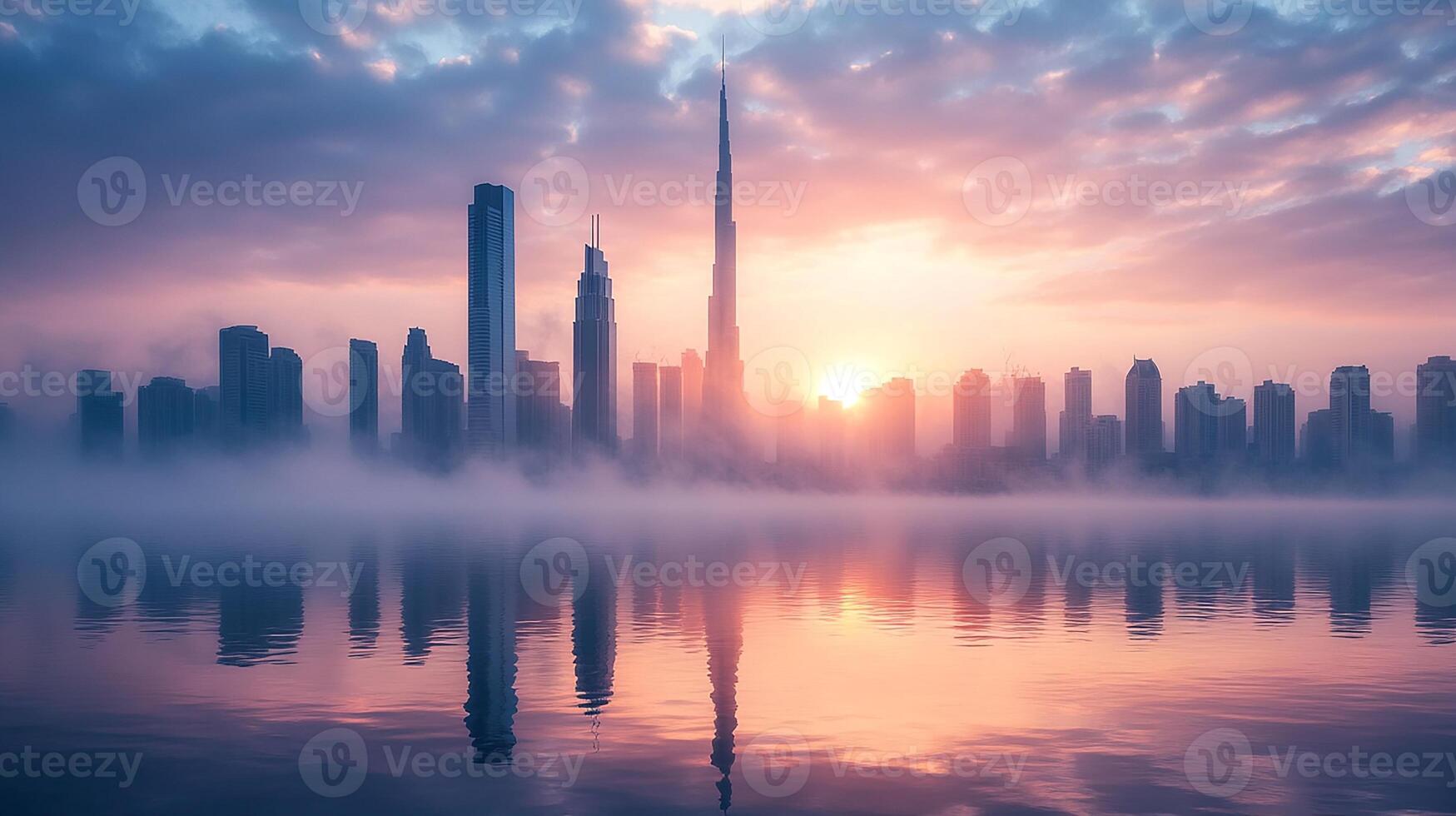 The sun rises over the city skyline in dubai photo