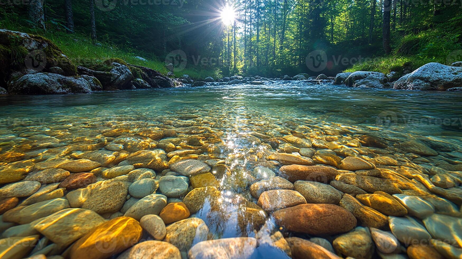 A river with rocks and water in the forest photo