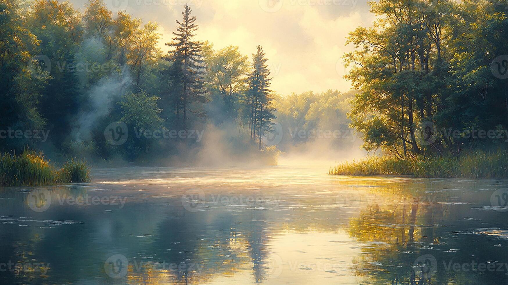 A painting of a river with trees and mist photo