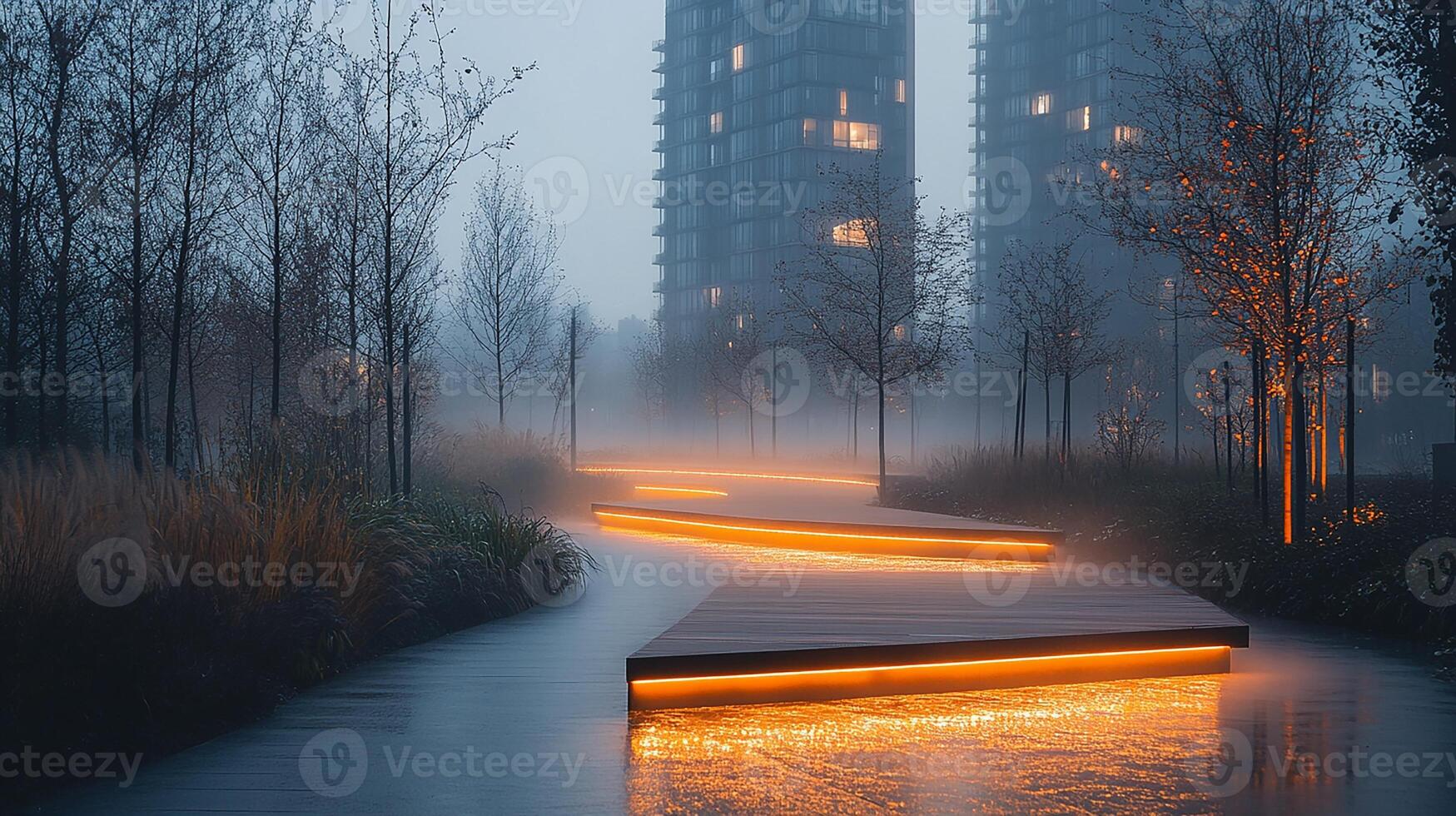 A pathway in the fog with lights on it photo