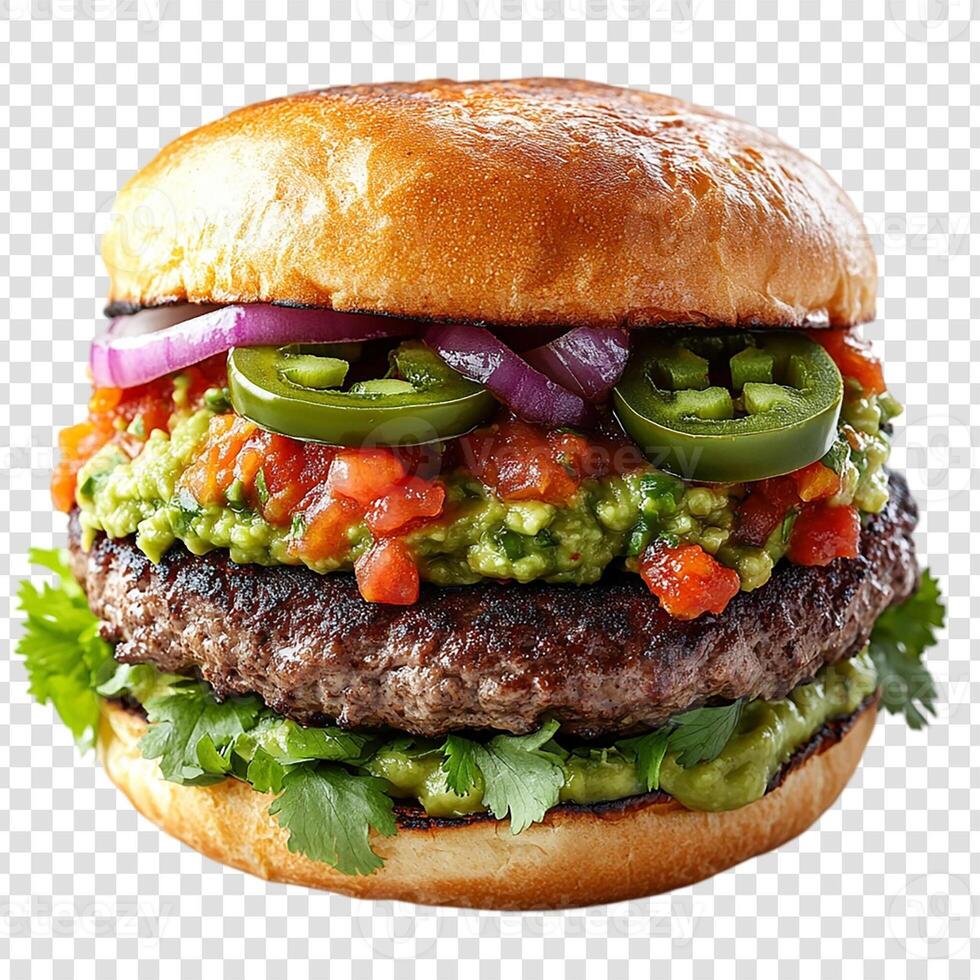 A hamburger with a green salsa and onions photo