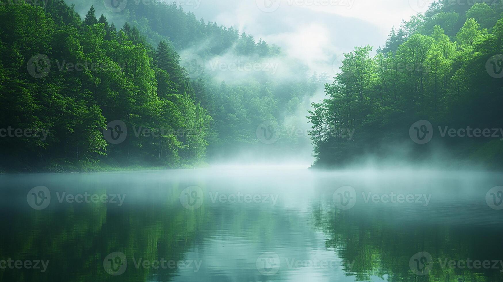 A lake surrounded by trees and fog photo