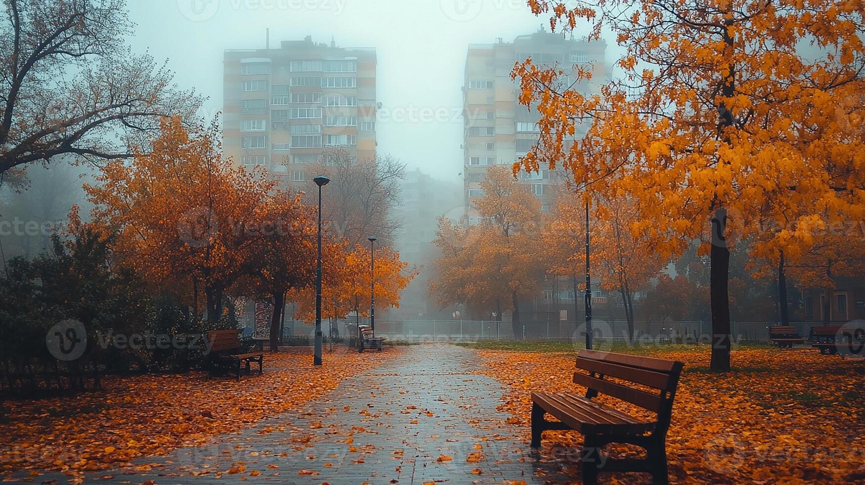 A park bench is surrounded by autumn leaves photo
