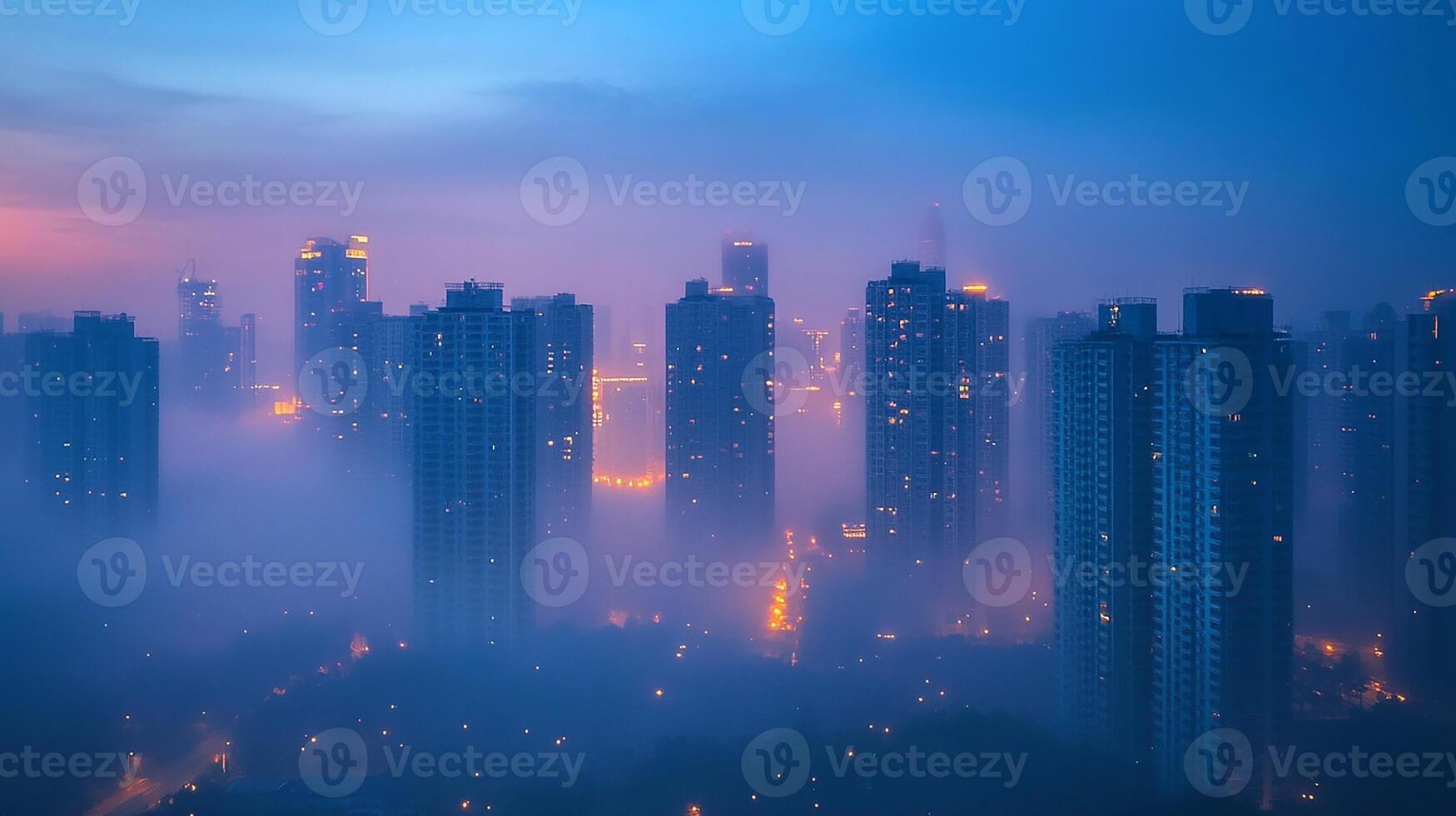 Foggy city skyline at dusk with tall buildings photo