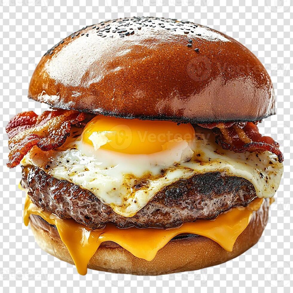 A hamburger with bacon and an egg on top photo