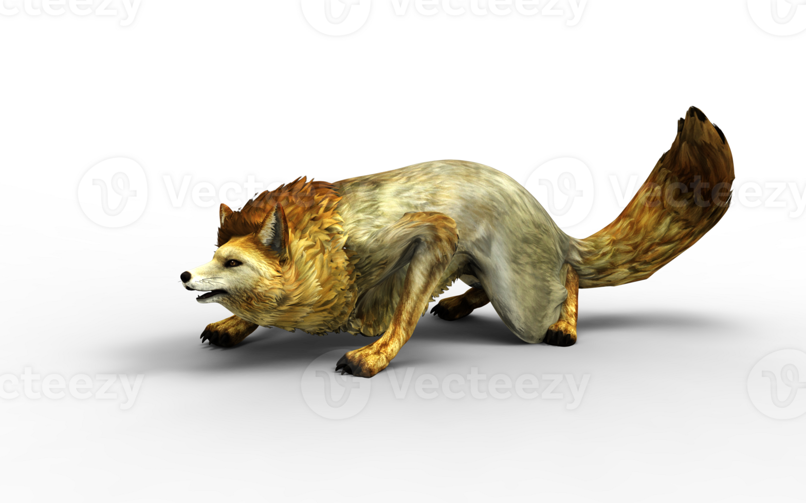 A golden fox gracefully prowls through a dense forest, its vibrant fur shimmering under the dappled sunlight. png