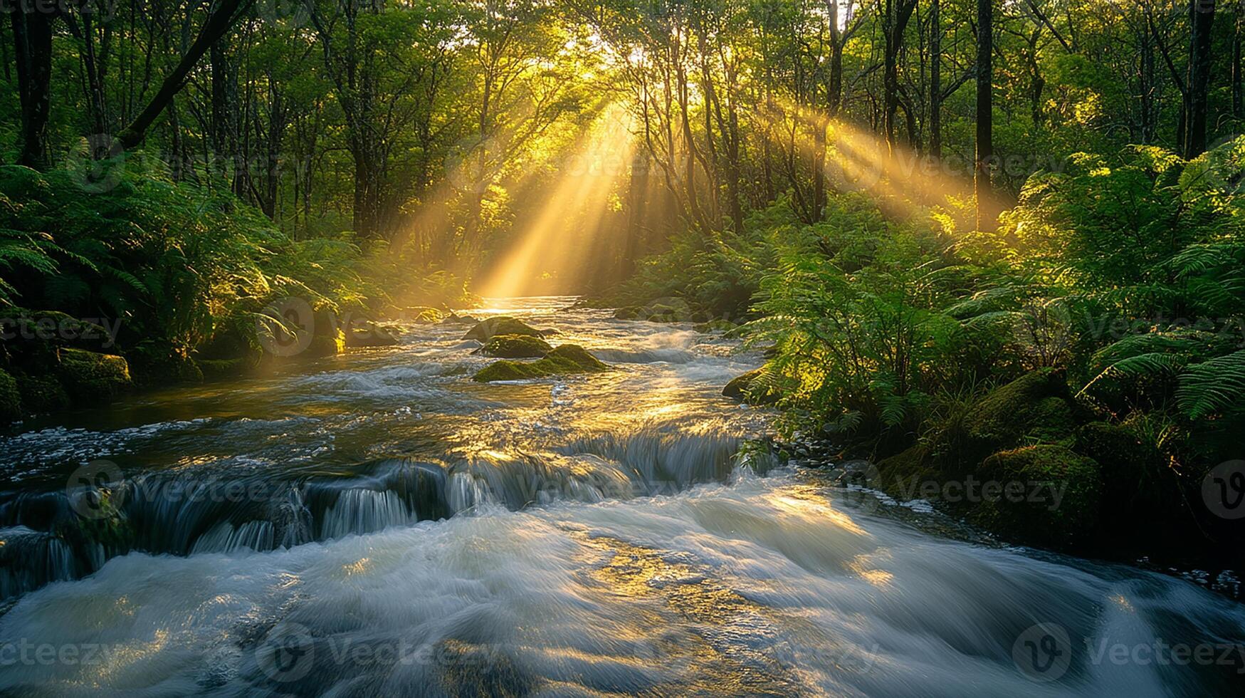 A stream flowing through a forest with sunbeams shining through photo