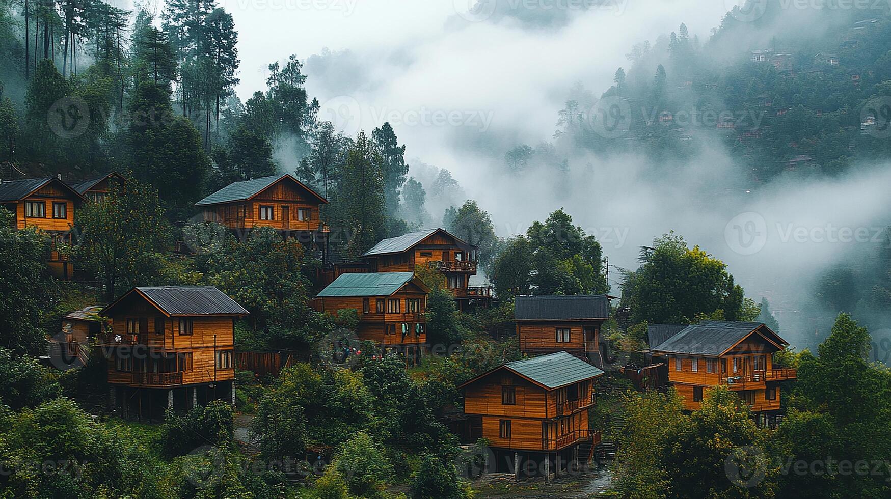 A group of wooden houses in the mountains photo