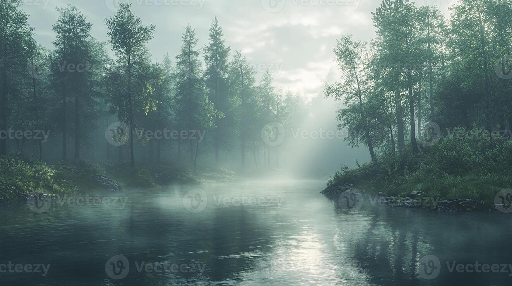 A river in the forest with trees and sun shining photo