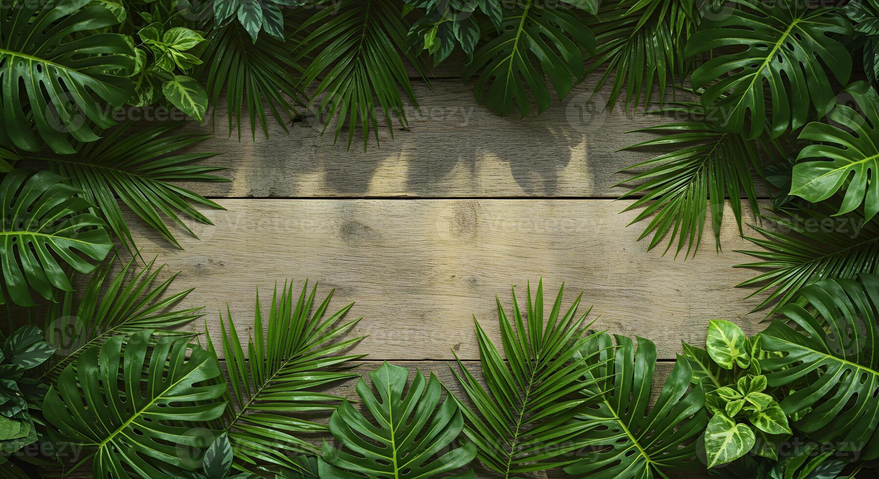 Tropical Green Leaves Bordering Wooden Texture Background with Copy Space photo