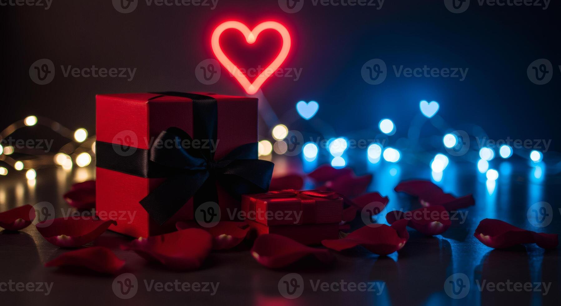 Romantic Gift Presentation with Red Boxes, Rose Petals and Heart Light photo