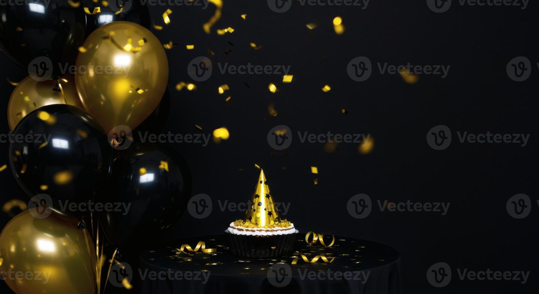 Celebrating with Balloons Confetti and Cupcake on a Black Table photo