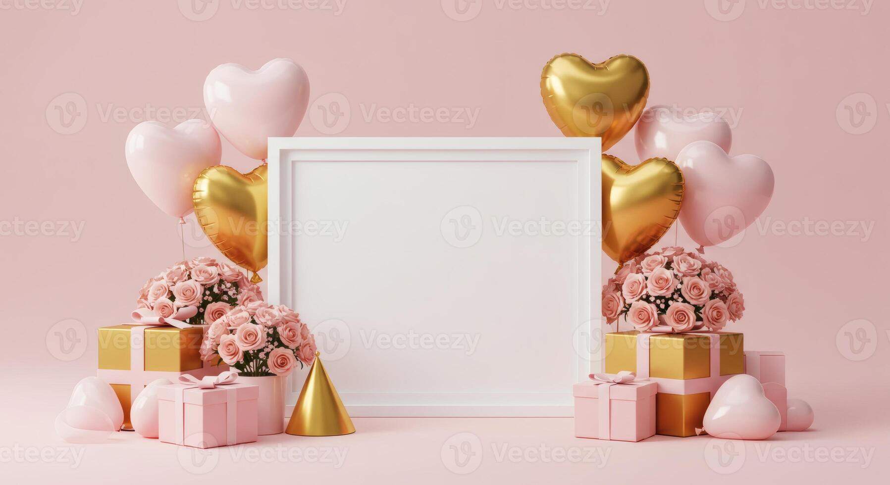 Frame Surrounded by Gifts and Balloons in a Romantic Setting photo