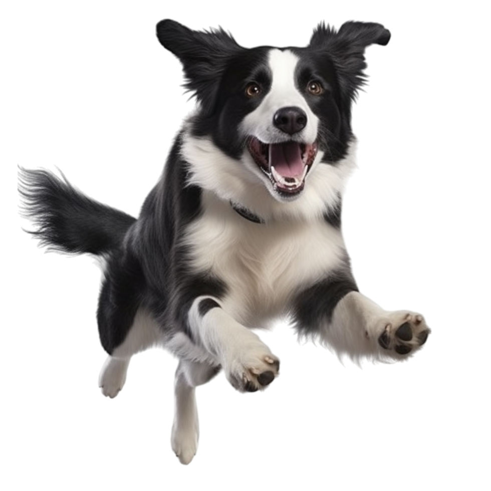 Energetic Black and White Border Collie Dog Jumping with Excited Expression and Fluffy Fur png
