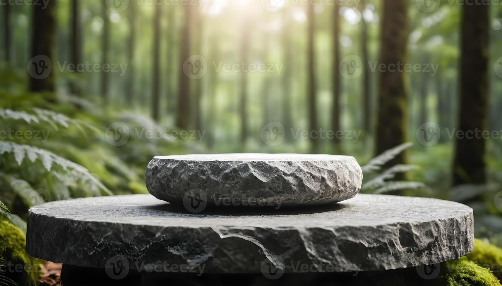 Rounded stone podium display product with blurry background of forest photo