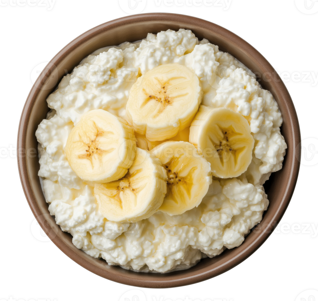 Round bowl with cottage cheese and banana slices isolated on transparent background png