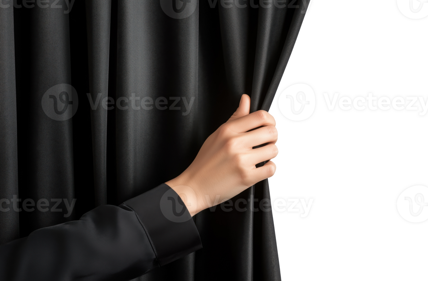 Man hand opening black curtain isolated on transparent background png