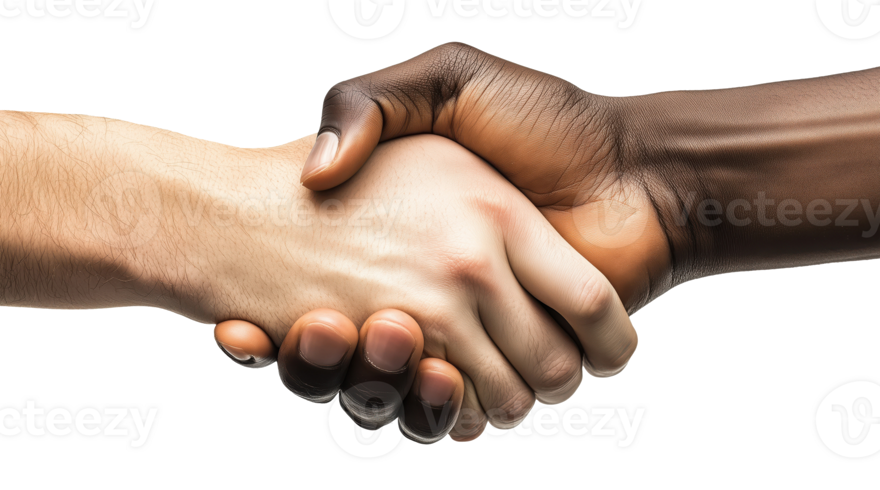 Two hands shaking, one white and one dark-skinned, isolated on a transparent background png