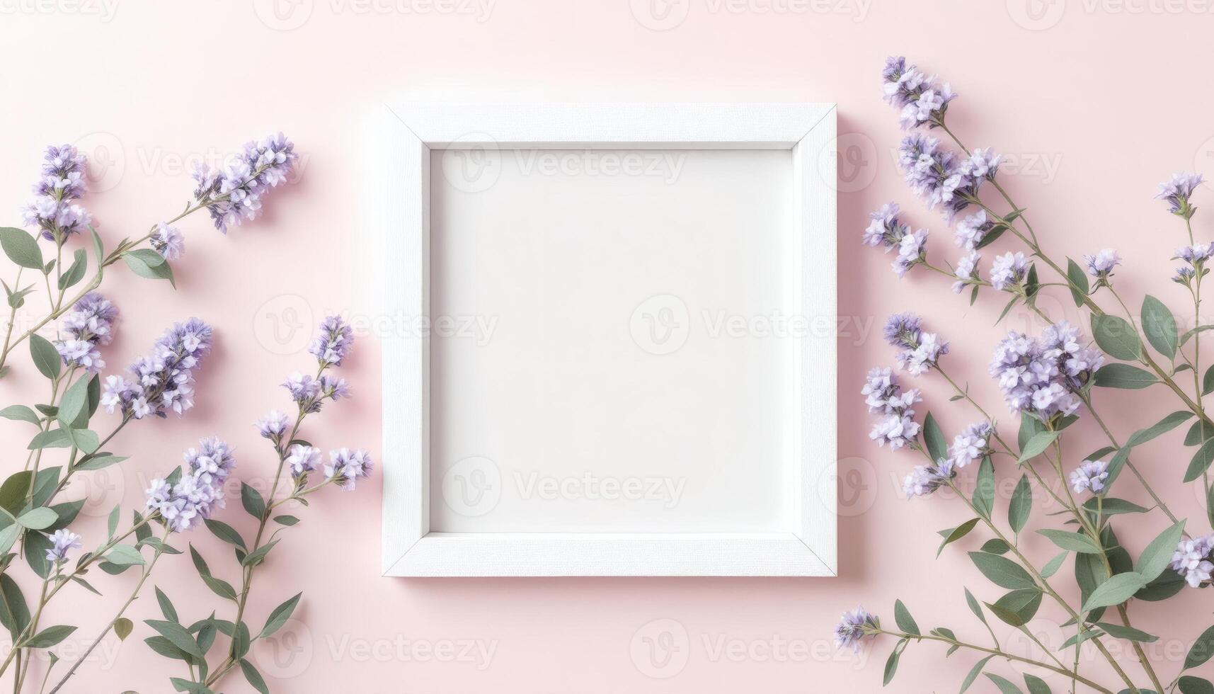Elegant White Frame with Lavender Sprigs on a Soft Pink Background photo