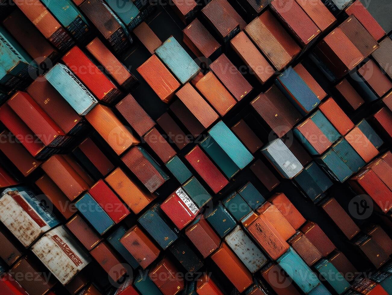 Smart Global Logistics Concept. Abstract arrangement of colorful, stacked blocks in various shades of red, blue, and orange, creating a visually striking pattern. photo