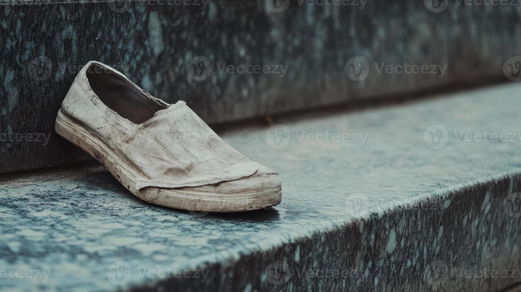 Economic Inequality Concept. A worn-out shoe rests on stone steps, showcasing its weathered texture and forgotten charm. photo