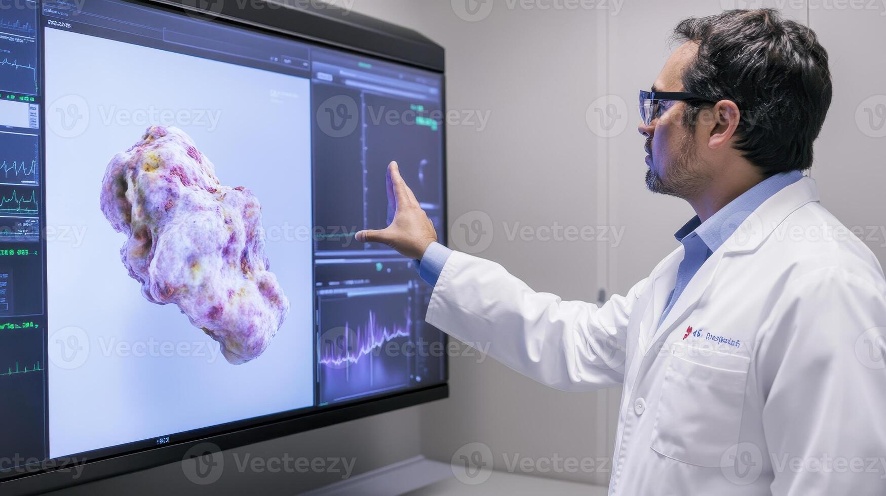 A medical professional analyzes complex data displayed on a large screen, showcasing advanced imaging technology in a clinical setting. photo