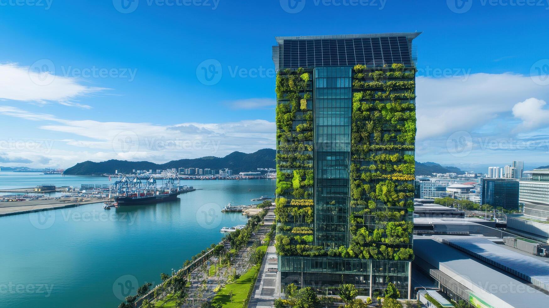 ESG Investing Trends Concept. A modern green building overlooking a harbor, featuring lush vertical gardens and a clear blue sky. photo